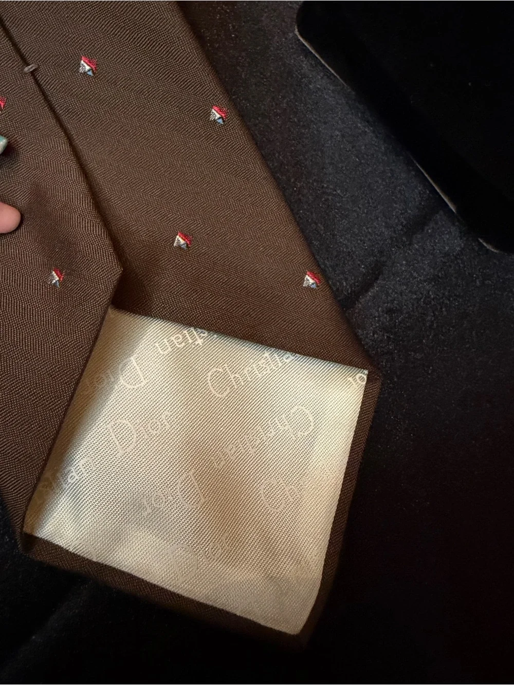 Dior Brown Silk Tie with Tiny Red & White Motifs